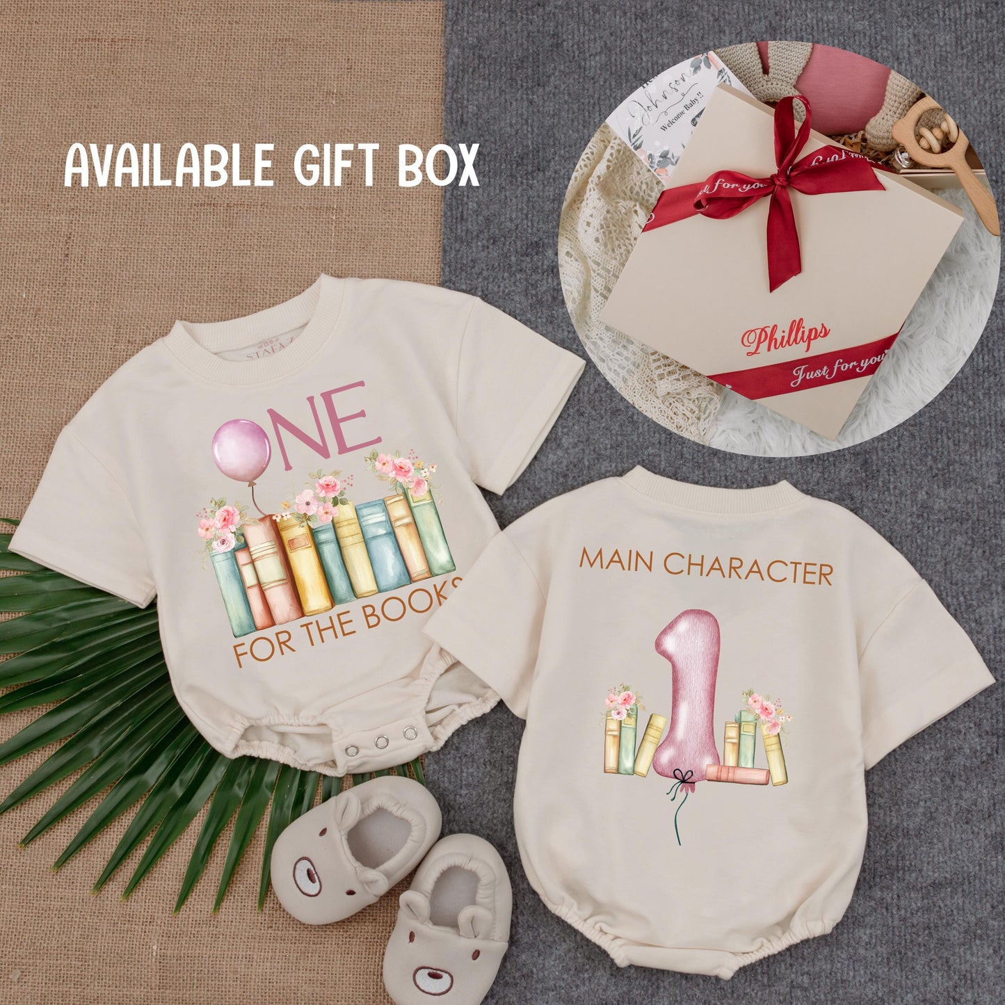 One for the Books First Birthday Romper Baby Girl Outfit Pink Flowers Balloon Book Theme Personalized Name Gift Toddler Party Clothes