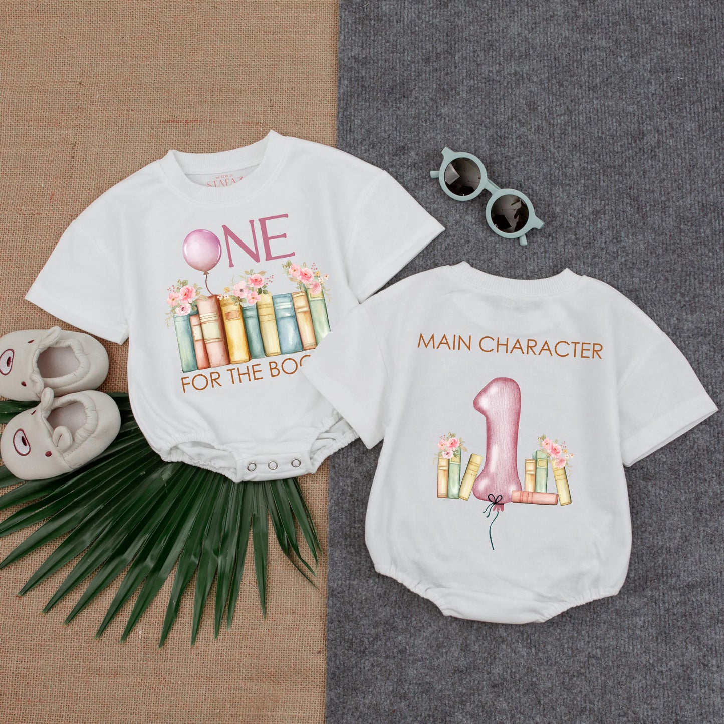 One for the Books First Birthday Romper Baby Girl Outfit Pink Flowers Balloon Book Theme Personalized Name Gift Toddler Party Clothes