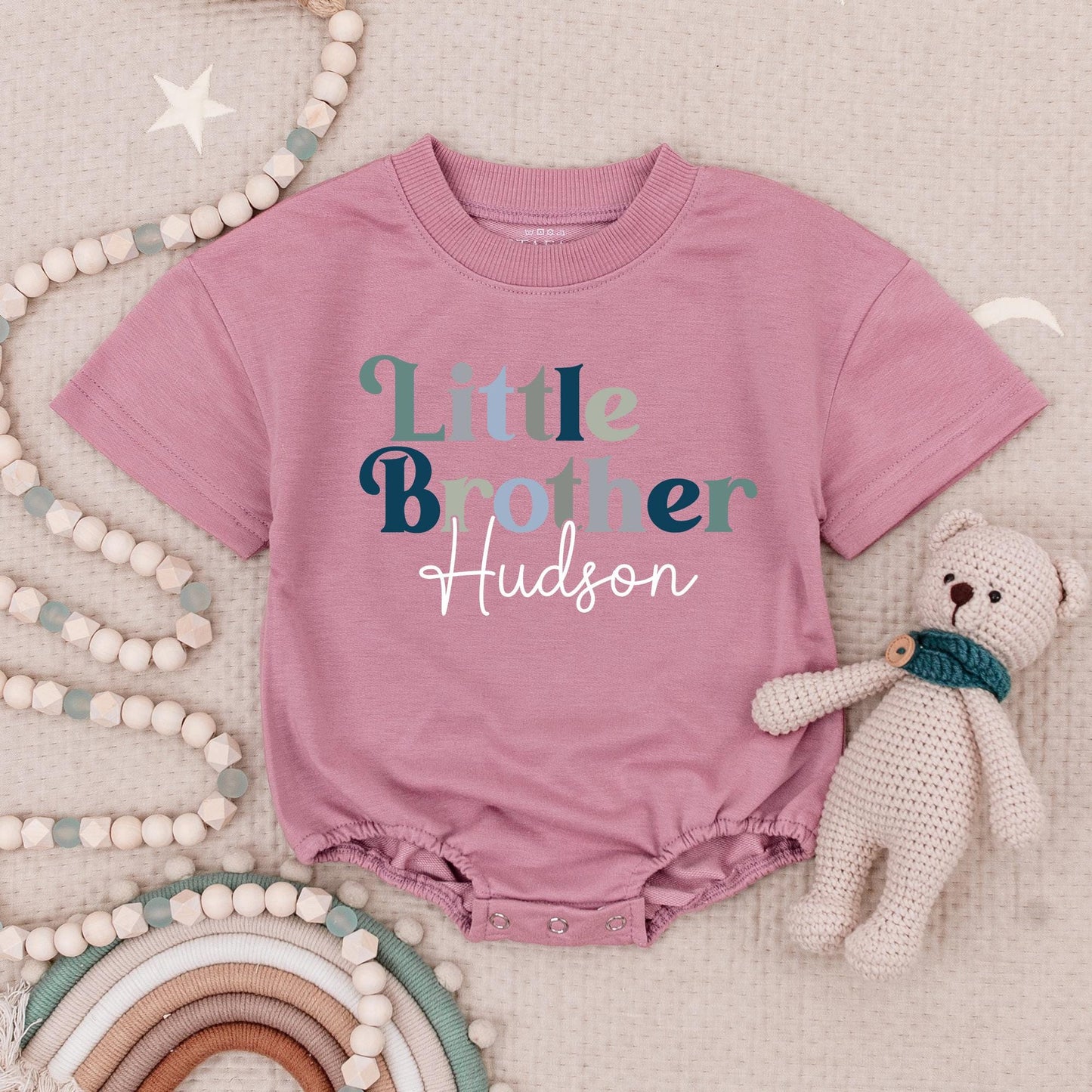 Custom Name Big Brother Little Brother Rompers & Tees Retro Blue Green Gray Cute Personalized Siblings Gift for Baby Boys