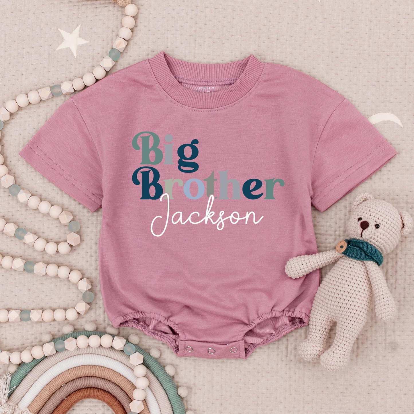 Custom Name Big Brother Little Brother Rompers & Tees Retro Blue Green Gray Cute Personalized Siblings Gift for Baby Boys
