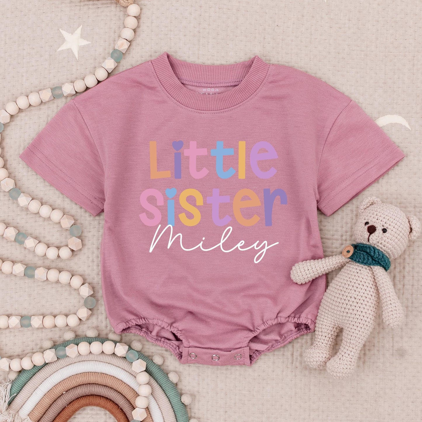 Personalized Big Sister Little Sister Matching Baby Romper Bodysuit Set with Custom Names Colorful Siblings Kids Outfit Gift