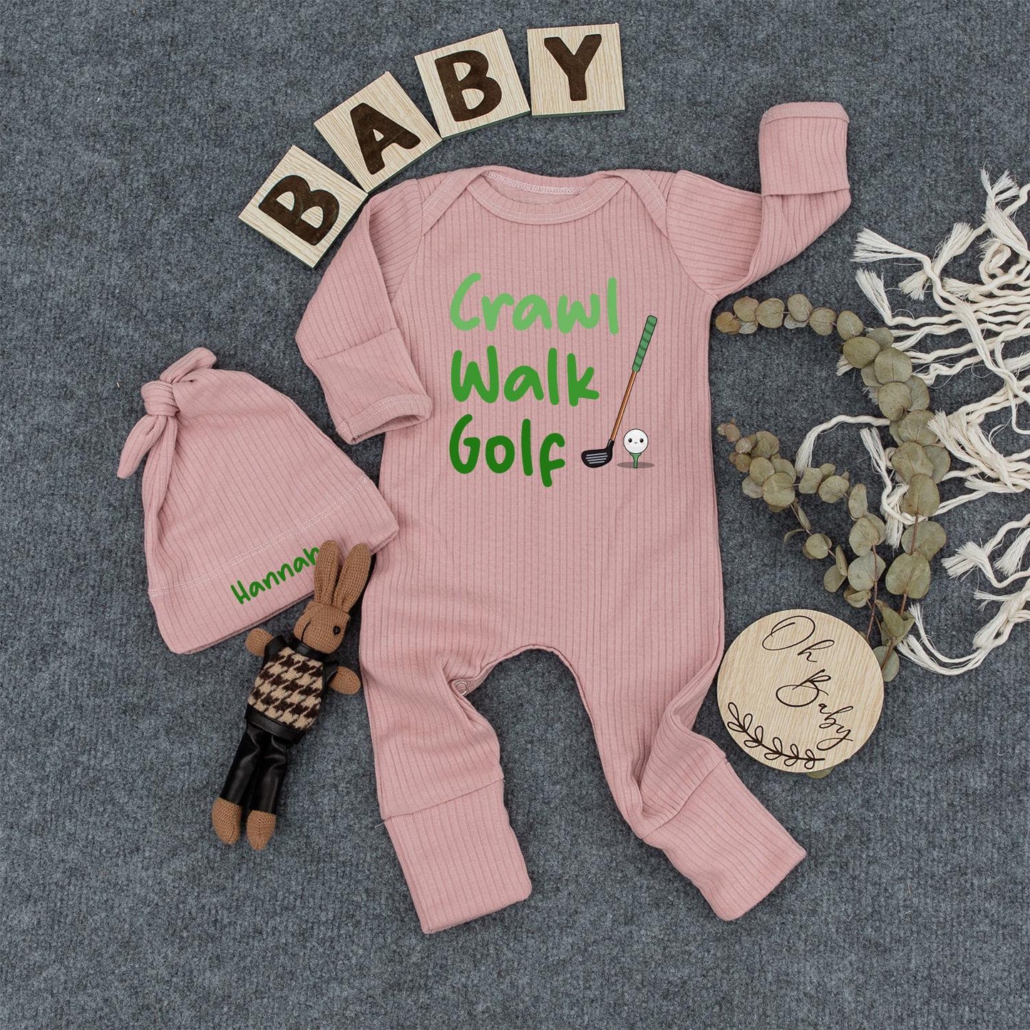 Crawl Walk Golf Baby Bodysuit & Hat Set - Future Golfer Outfit, Newborn Clothes, Cute Green & Brown Golf Design, Unique Baby Shower Gift for Golf Lovers