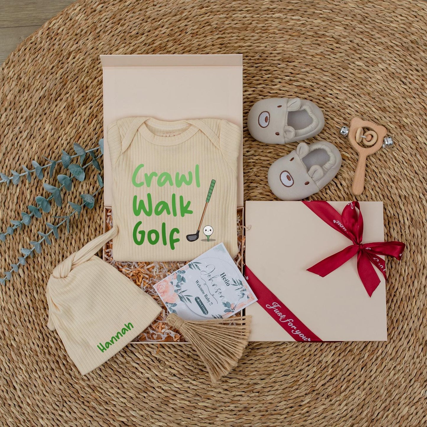 Crawl Walk Golf Baby Bodysuit & Hat Set - Future Golfer Outfit, Newborn Clothes, Cute Green & Brown Golf Design, Unique Baby Shower Gift for Golf Lovers