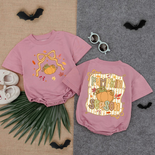 Pumpkin Season Baby Romper Golden Bow Berries Leaves Starbursts Festive Autumn Fall Vintage Baby Girl Outfit 1st Thanksgiving