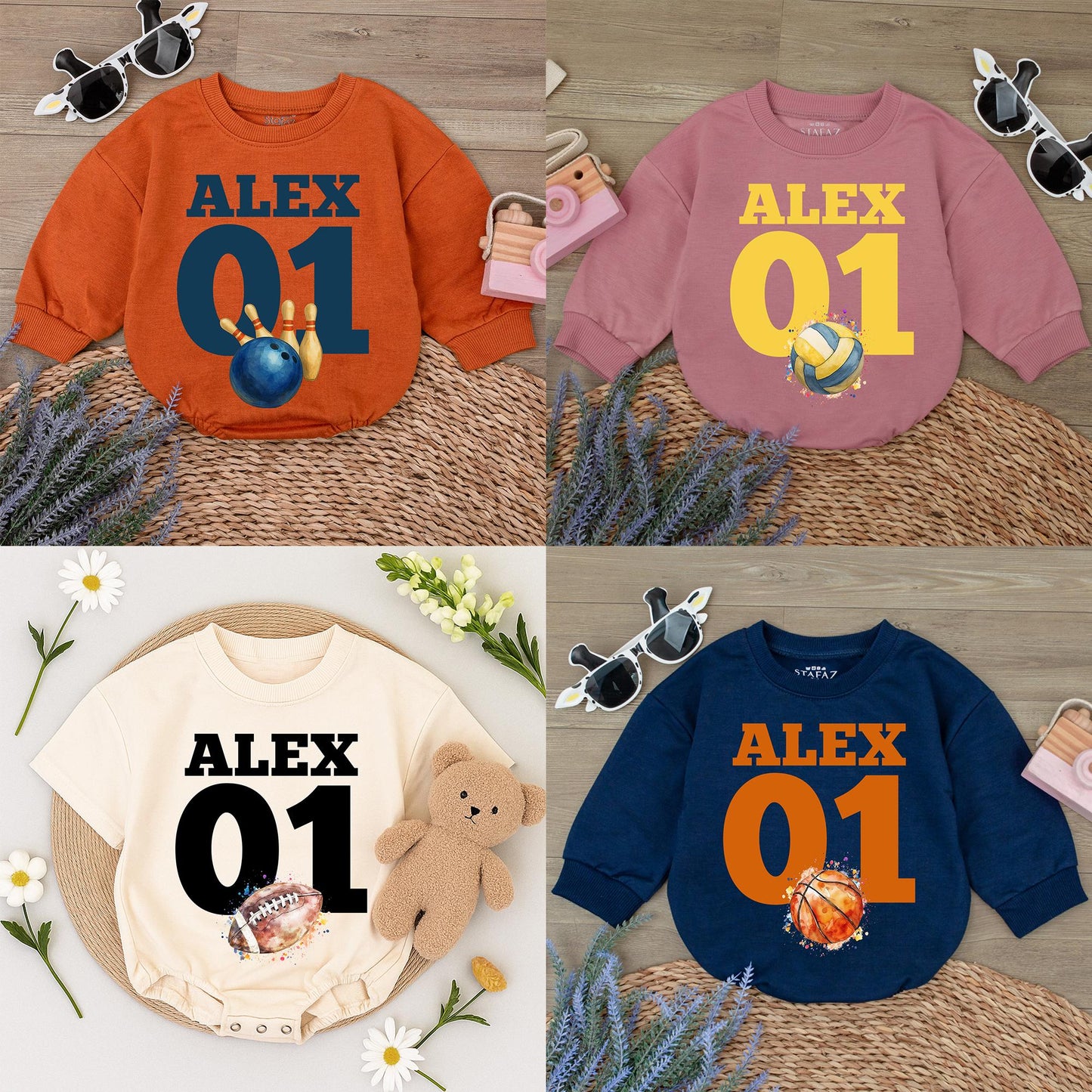 ALEX 01 Sport Romper Baby Bodysuit, Football Soccer Baseball Outfit, Custom Name Gameday Clothes, Personalized Baby Boy Girl Clothes 137