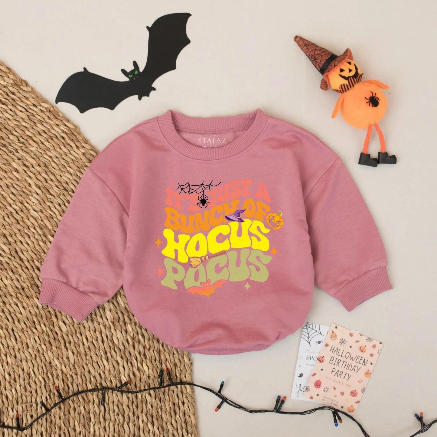 Hocus Pocus Halloween Baby Outfit - Retro Fall Toddler Sweatshirt - Funny Spooky Season Gift Idea with Witch Hat, Pumpkin & Stars - 137 chars