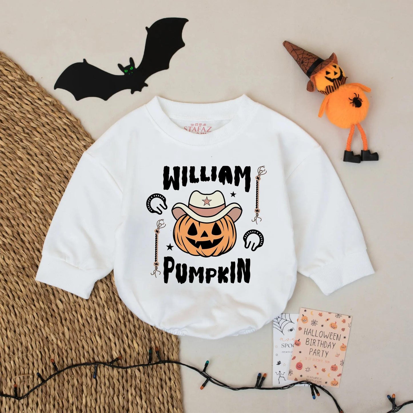 Personalized Cowboy Pumpkin Baby Romper Halloween Outfit William Pumpkin Text Western Star Hat Lasso Design Spooky Season Infant Wear
