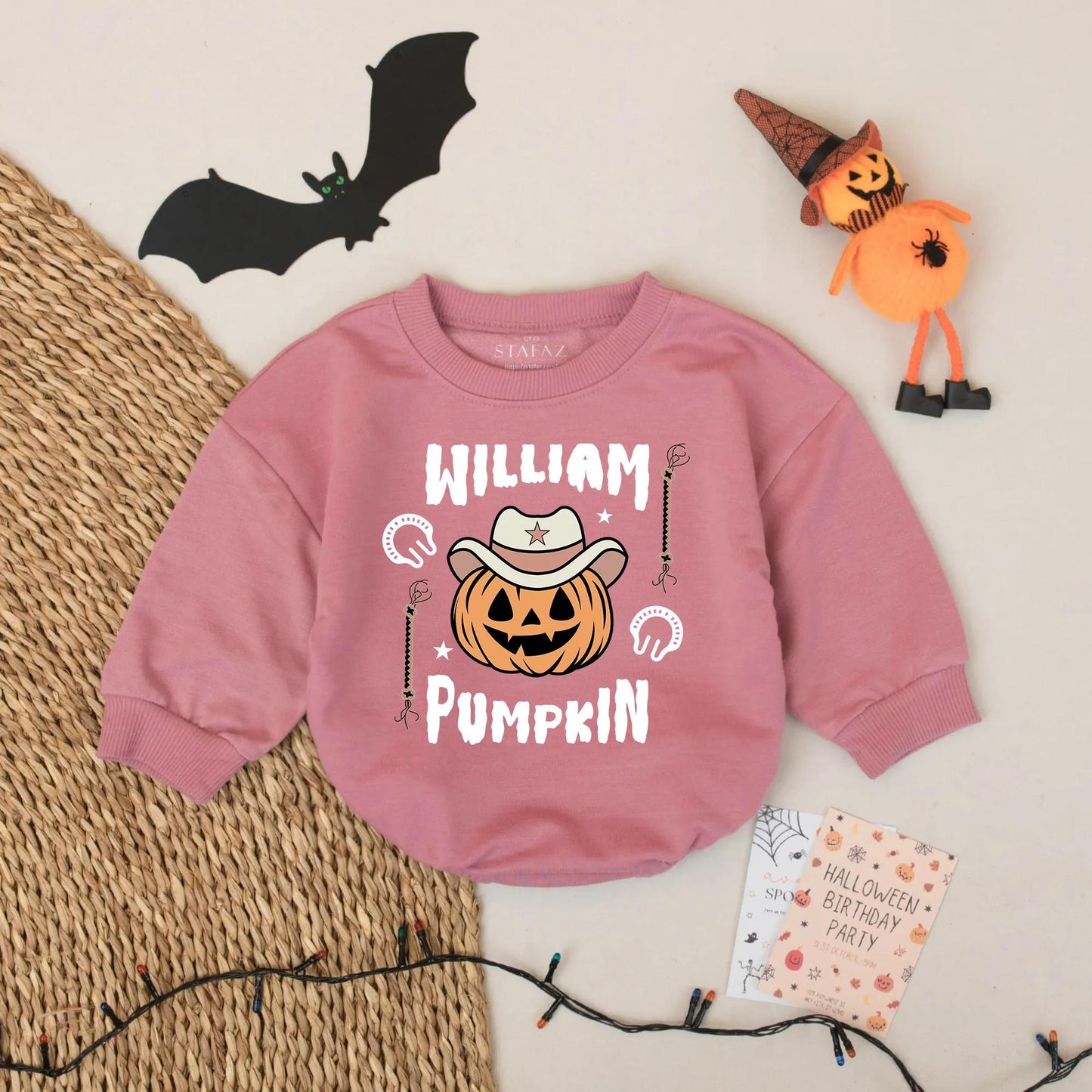 Personalized Cowboy Pumpkin Baby Romper Halloween Outfit William Pumpkin Text Western Star Hat Lasso Design Spooky Season Infant Wear