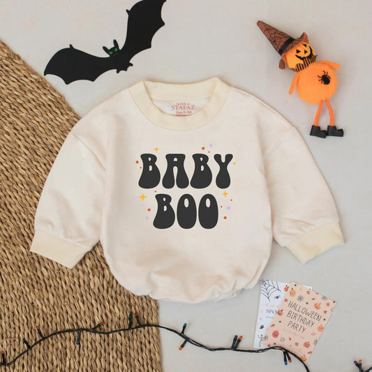 Baby Boo Retro Halloween Romper for Baby | Cute Fall Outfit with Orange & Purple Star Graphics | Baby Boy or Girl Halloween Costume