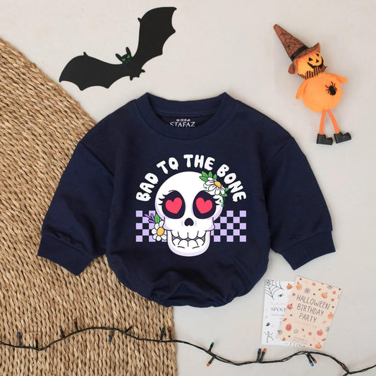 Cute Floral Skull Baby Romper Bad to the Bone Halloween Outfit for Baby Girl or Boy Fall Baby Clothes Pastel Purple Checkerboard