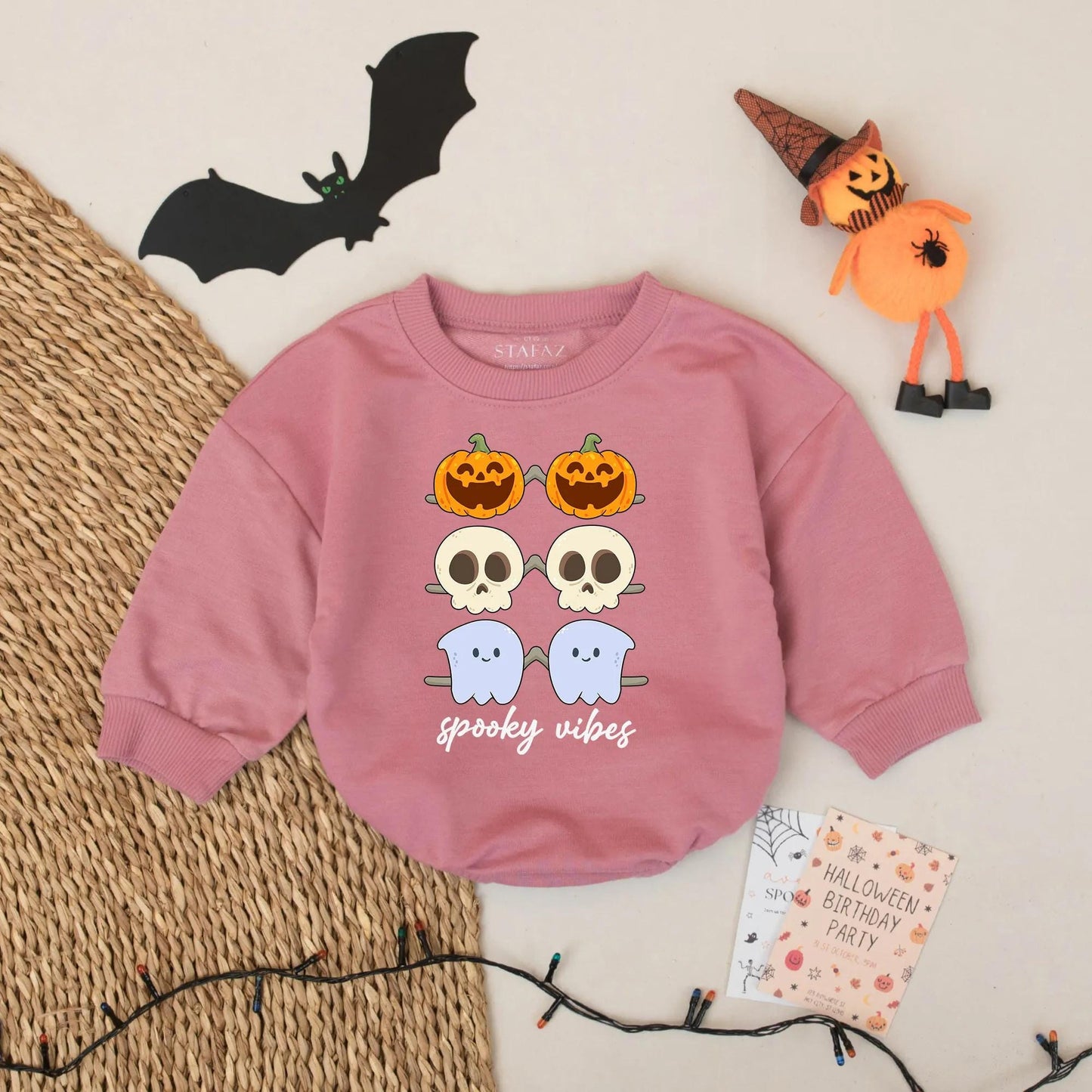 Cute Spooky Vibes Baby Romper with Ghost Pumpkin Skulls – Cozy Fall Infant Halloween Outfit Gift