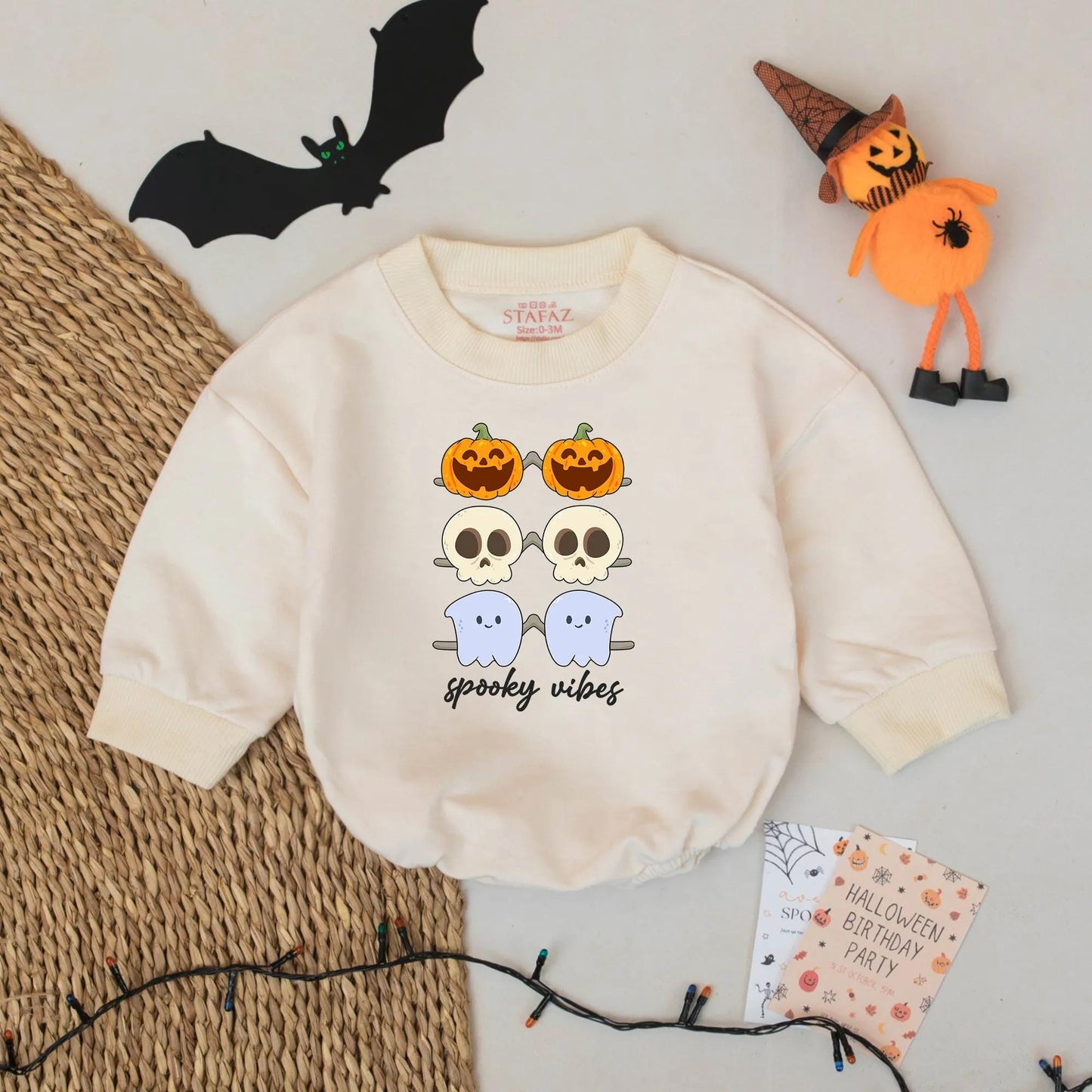 Cute Spooky Vibes Baby Romper with Ghost Pumpkin Skulls – Cozy Fall Infant Halloween Outfit Gift