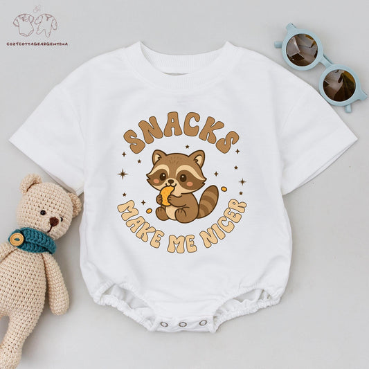 Retro Raccoon Snacks Make Me Nicer Baby Romper, Funny Cartoon Bodysuit for Little Foodies, Vintage Style Outfit, Cute Graphic Tee, Brown and Tan Design