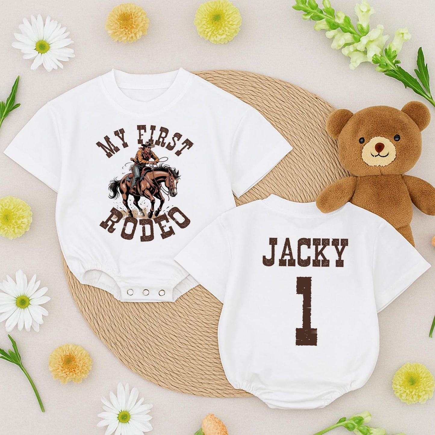 My First Rodeo Birthday Boy Romper, Jacky's 1st Birthday, Vintage Cowboy Outfit, Distressed Brown Graphic, Rustic Western Style, Baby Bubble Romper