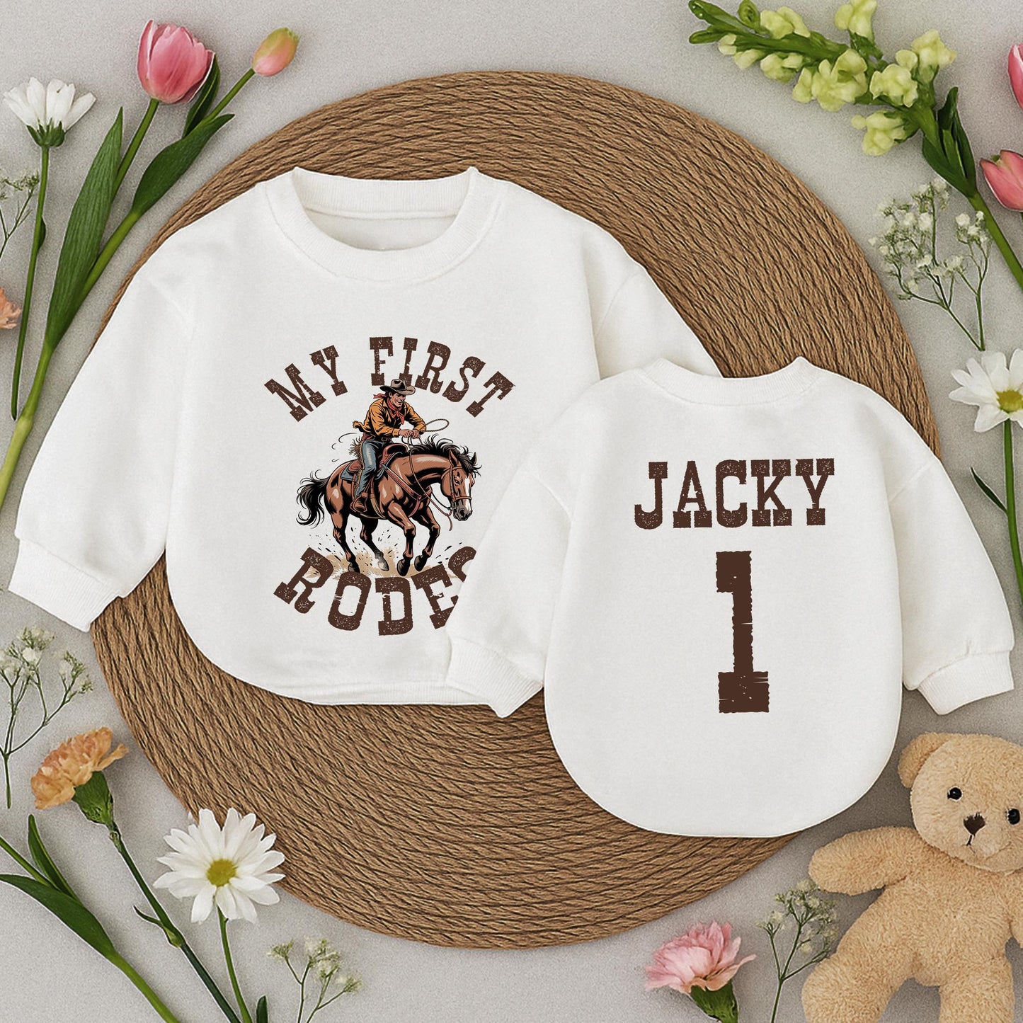 My First Rodeo Birthday Boy Romper, Jacky's 1st Birthday, Vintage Cowboy Outfit, Distressed Brown Graphic, Rustic Western Style, Baby Bubble Romper