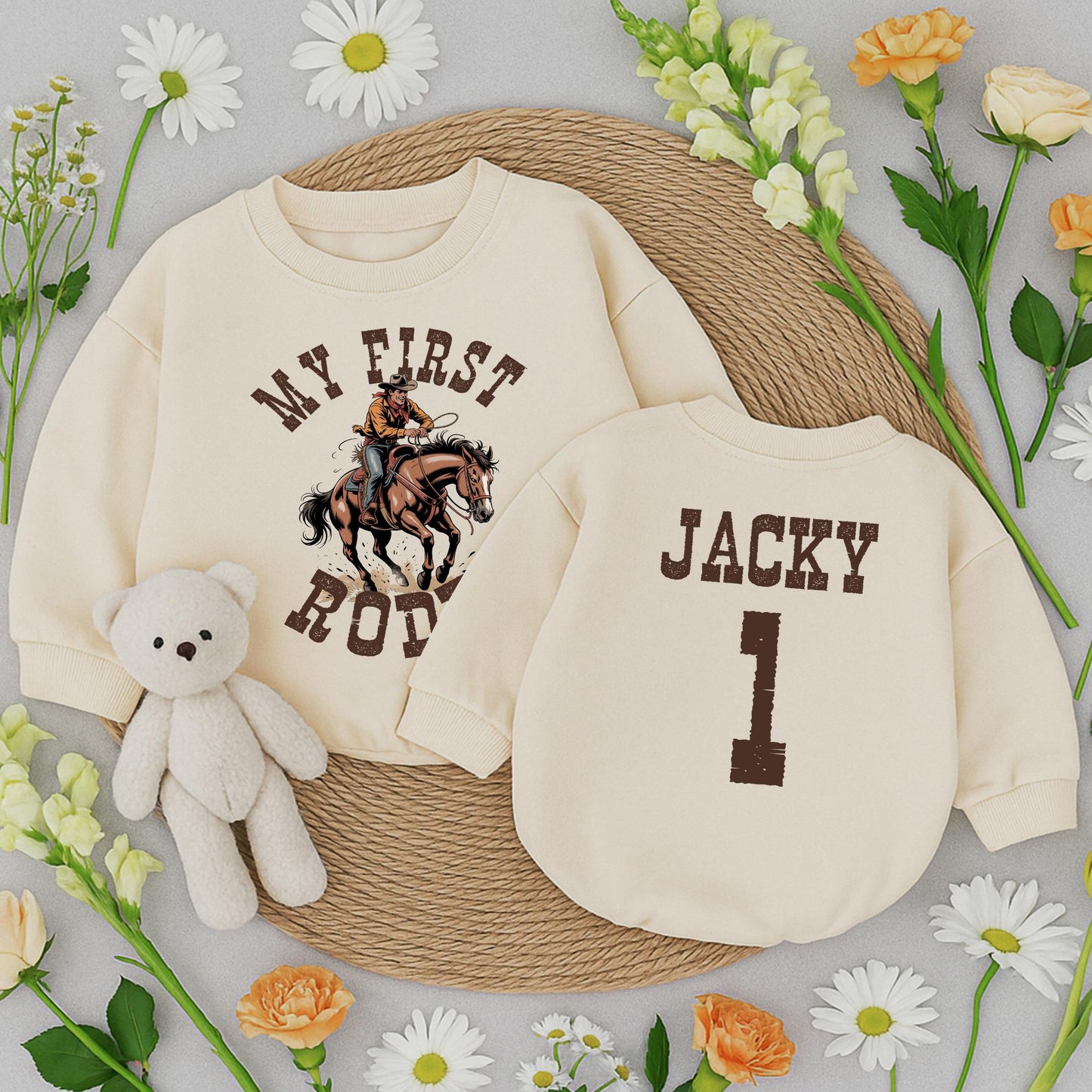 My First Rodeo Birthday Boy Romper, Jacky's 1st Birthday, Vintage Cowboy Outfit, Distressed Brown Graphic, Rustic Western Style, Baby Bubble Romper