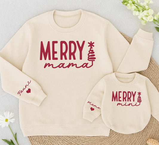 Merry Mama & Mini Matching Sweatshirt Set, Personalized Christmas Family Outfit, Cute Daughter Kid Sweatshirt, Baby Girl Holiday Gift with Name Sleeve Details