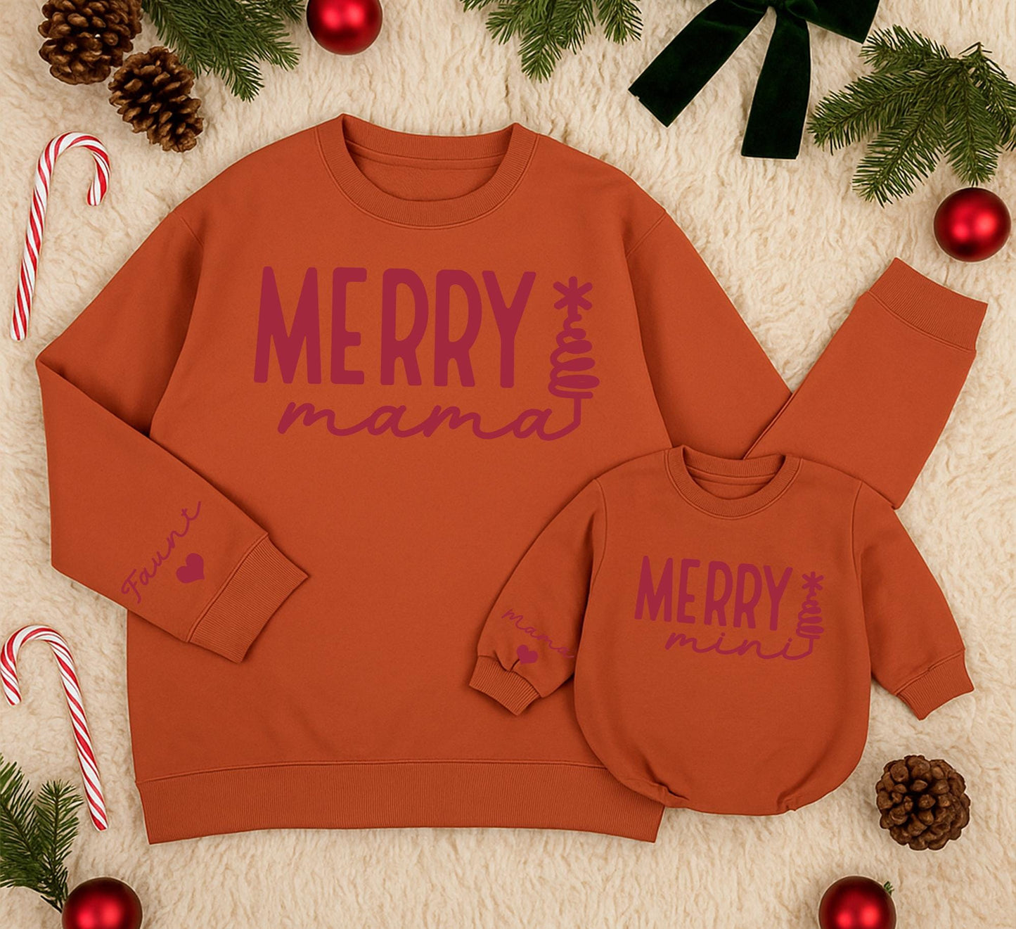 Merry Mama & Mini Matching Sweatshirt Set, Personalized Christmas Family Outfit, Cute Daughter Kid Sweatshirt, Baby Girl Holiday Gift with Name Sleeve Details
