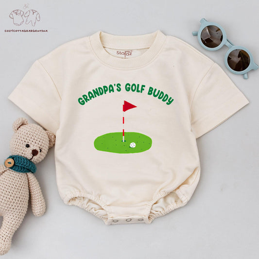 Grandpa's Golf Buddy Baby Boy Romper Golfing Outfit, Cute Green Design First Birthday or Baby Shower Gift, Cotton