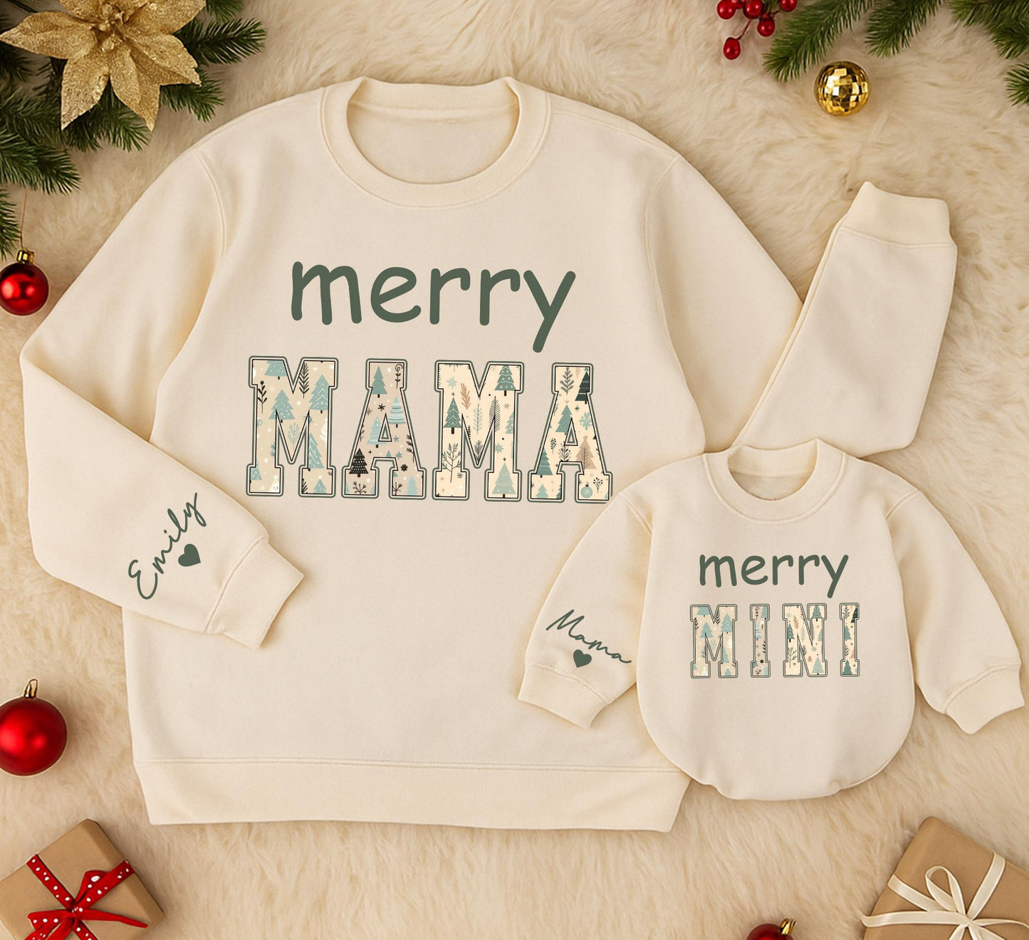 Merry Mama & Mini Matching Christmas Sweatshirts: Green & Winter Pattern, Mom & Baby Girl Outfit, Family Holiday Gift