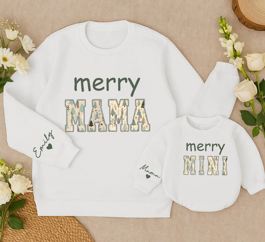 Merry Mama & Mini Matching Christmas Sweatshirts: Green & Winter Pattern, Mom & Baby Girl Outfit, Family Holiday Gift