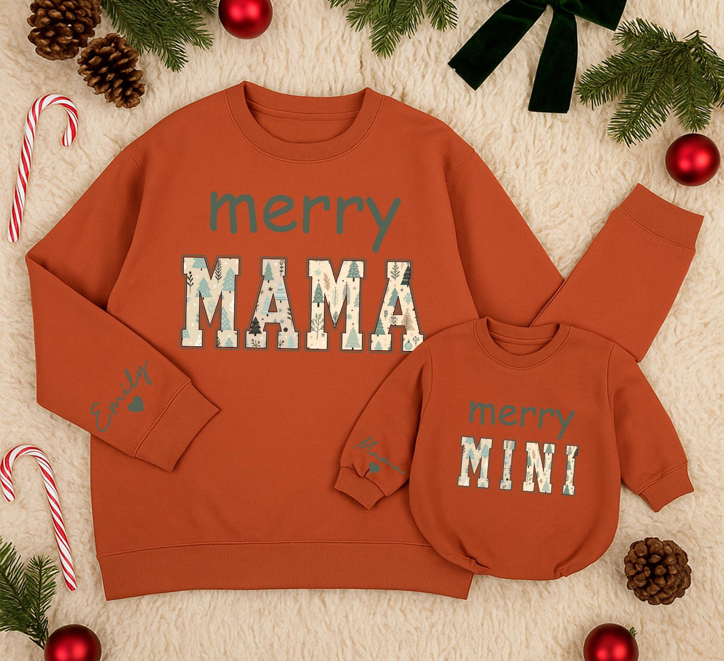 Merry Mama & Mini Matching Christmas Sweatshirts: Green & Winter Pattern, Mom & Baby Girl Outfit, Family Holiday Gift
