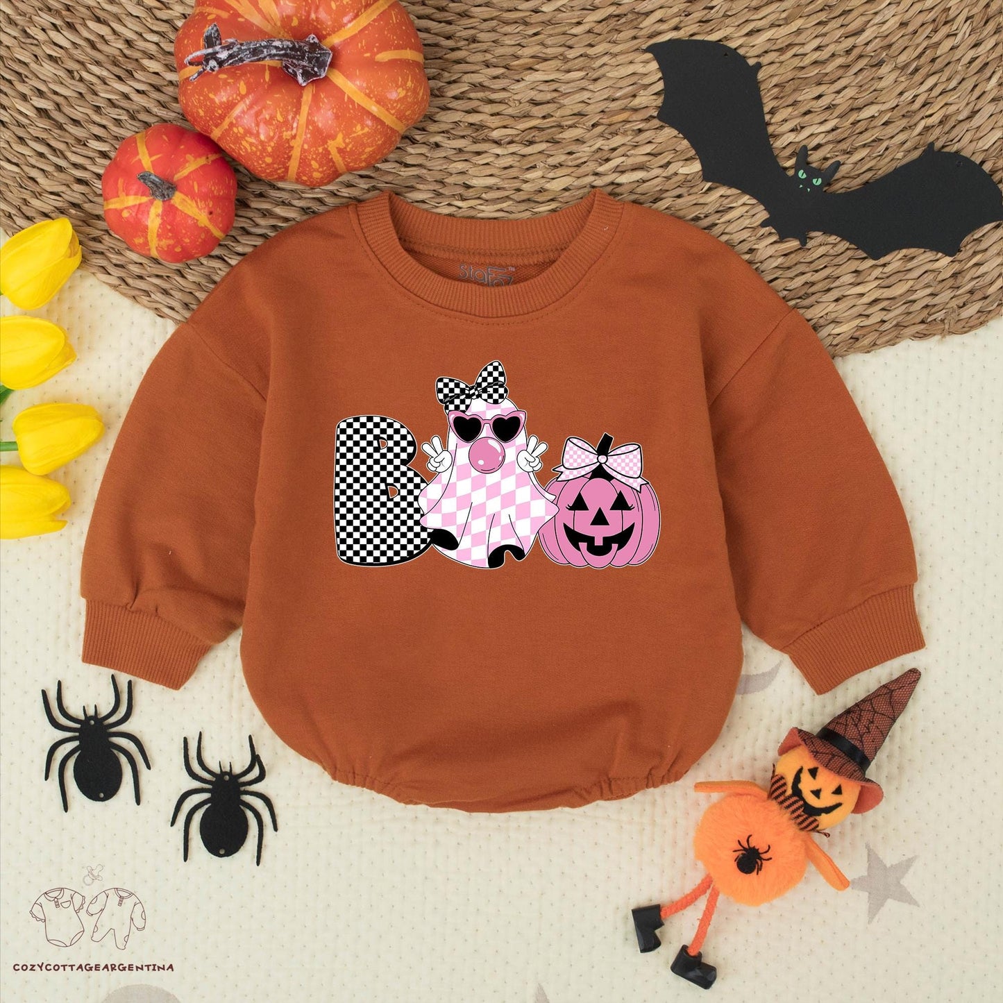 Boo Ghost Halloween Bubble Romper Sweatshirt: Cute Baby Girl Outfit with Checkered Ghost & Jack-o'-Lantern Bows, Trendy Halloween Costume, Fall Baby Clothes