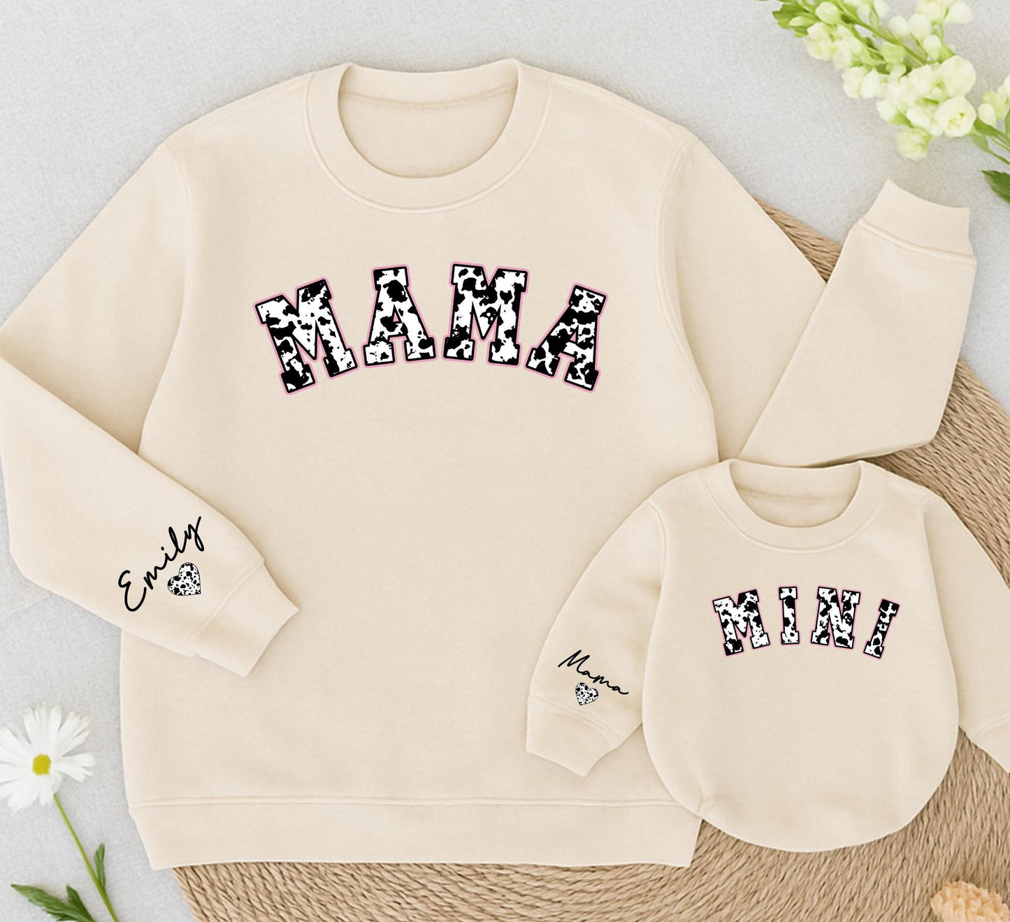 Personalized Mama & Mini Cowhide Matching Sweatshirts, Custom Name Western Christmas Outfit, Mom and Baby Girl Set, Country Holiday, Winter Clothes