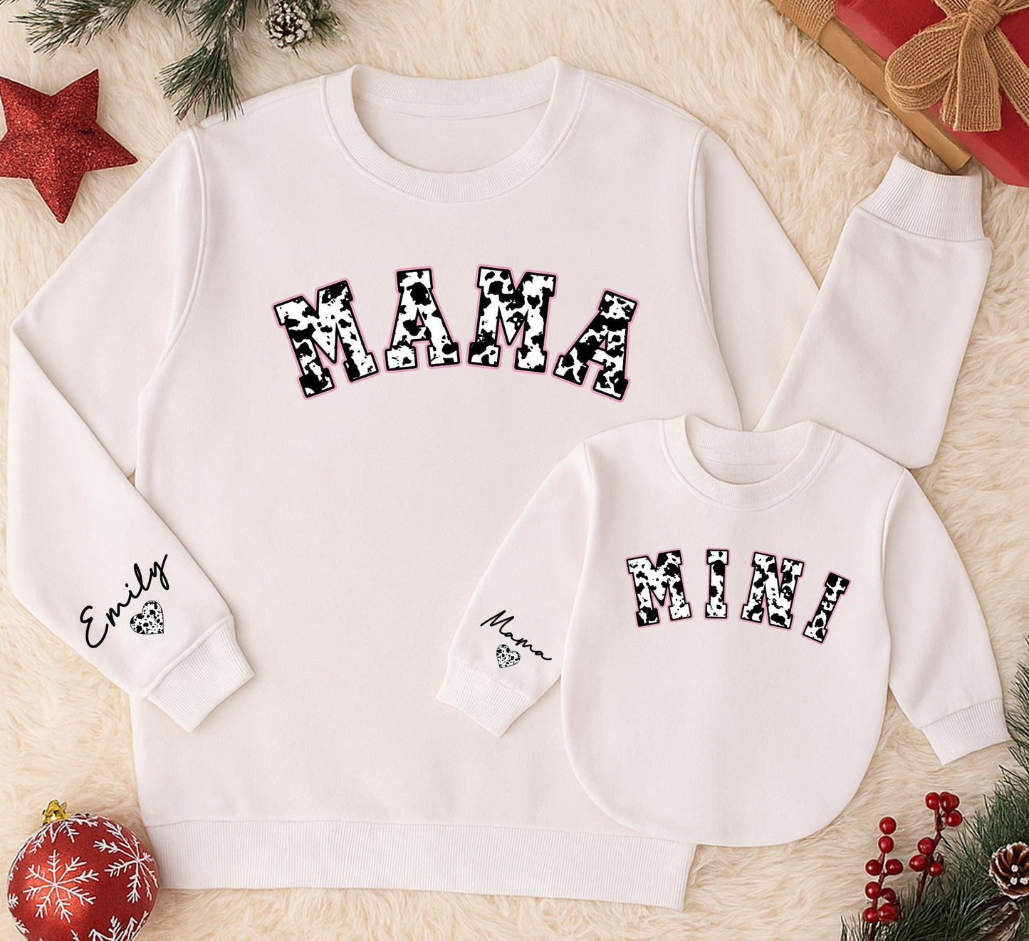 Personalized Mama & Mini Cowhide Matching Sweatshirts, Custom Name Western Christmas Outfit, Mom and Baby Girl Set, Country Holiday, Winter Clothes