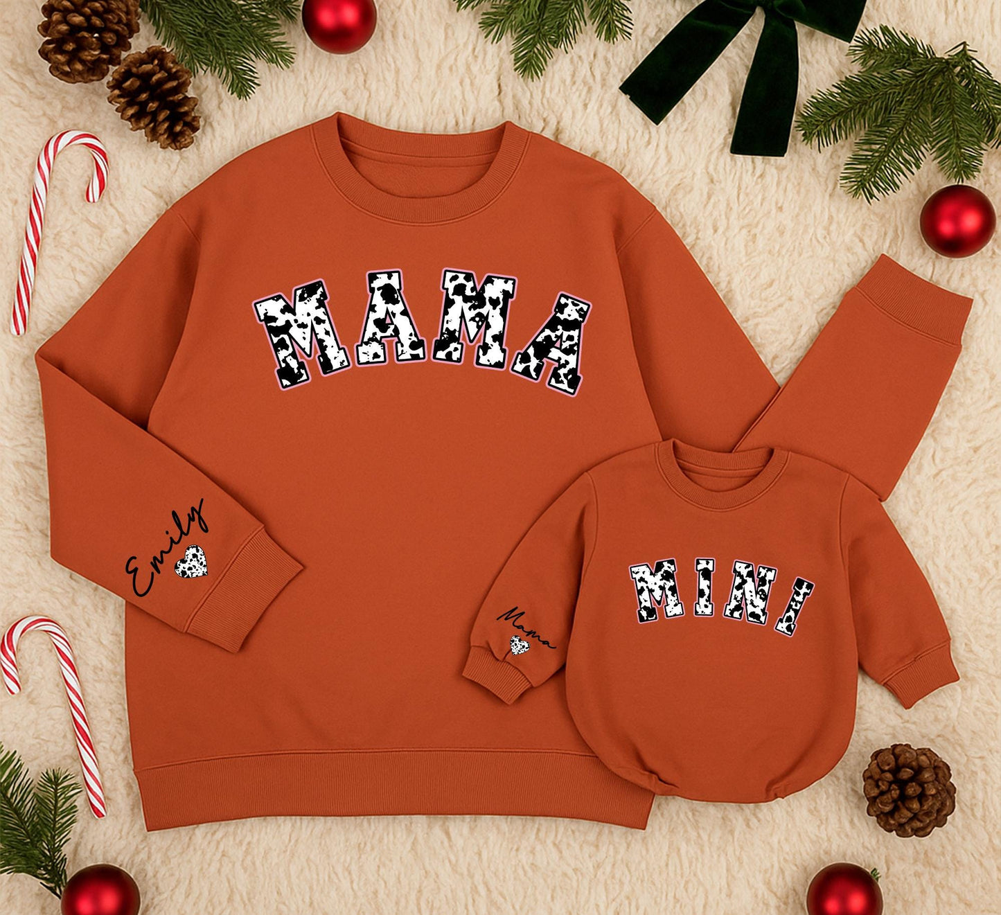 Personalized Mama & Mini Cowhide Matching Sweatshirts, Custom Name Western Christmas Outfit, Mom and Baby Girl Set, Country Holiday, Winter Clothes