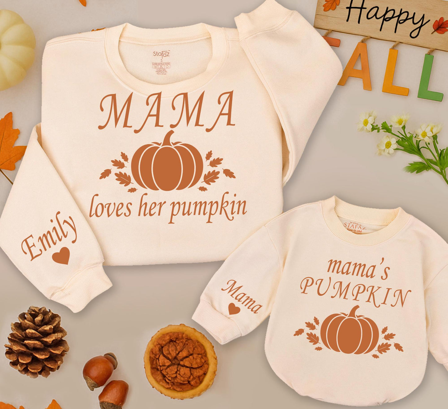 Mama Loves Her Pumpkin Mommy and Me Matching Fall Sweatshirts with Pumpkin Leaf Graphics for Kids and Toddlers
