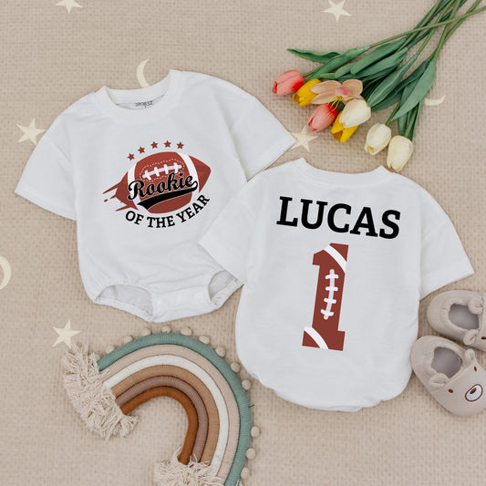 Custom Rookie of the Year 1st Birthday Boy Romper, Personalized Football Outfit, Lucas Name Shirt, Burgundy Black White Sports Design Baby