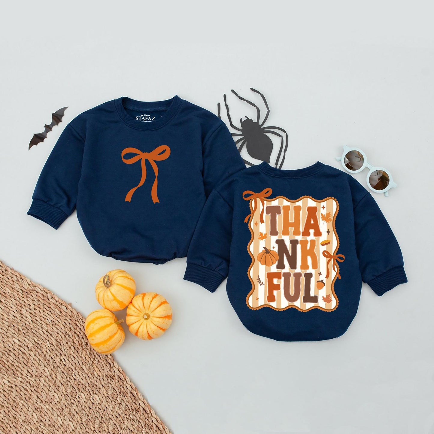 Cute Thankful Fall Bubble Romper Orange Bow Retro Pumpkins Acorns Leaves Baby Girl Thanksgiving Outfit Cozy Autumn