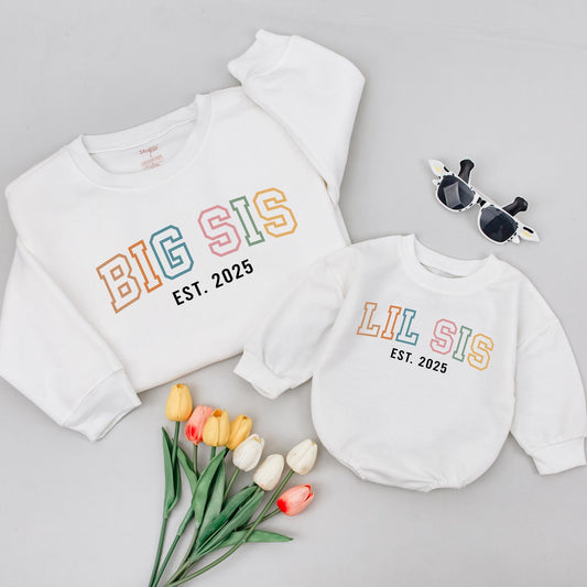 Big Sis Lil Sis Matching Sister Shirts Est. 2025 Outfit Set, Colorful Sibling Tees, Cute New Baby Gift for Girls, Toddler Matching Outfits (138 chars)