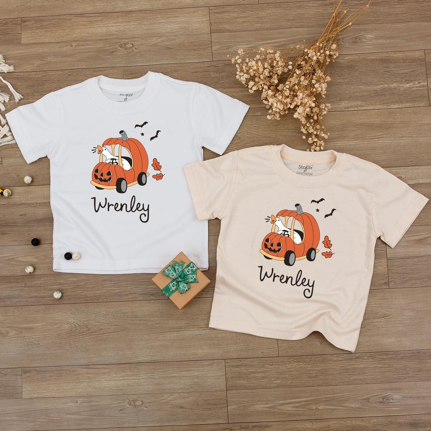 Personalized Halloween Pumpkin Car Baby Outfit Cat Driving Jack-o'-lantern Design Matching Fall Toddler Sweatshirt with Flying Bats Autumn Leaf