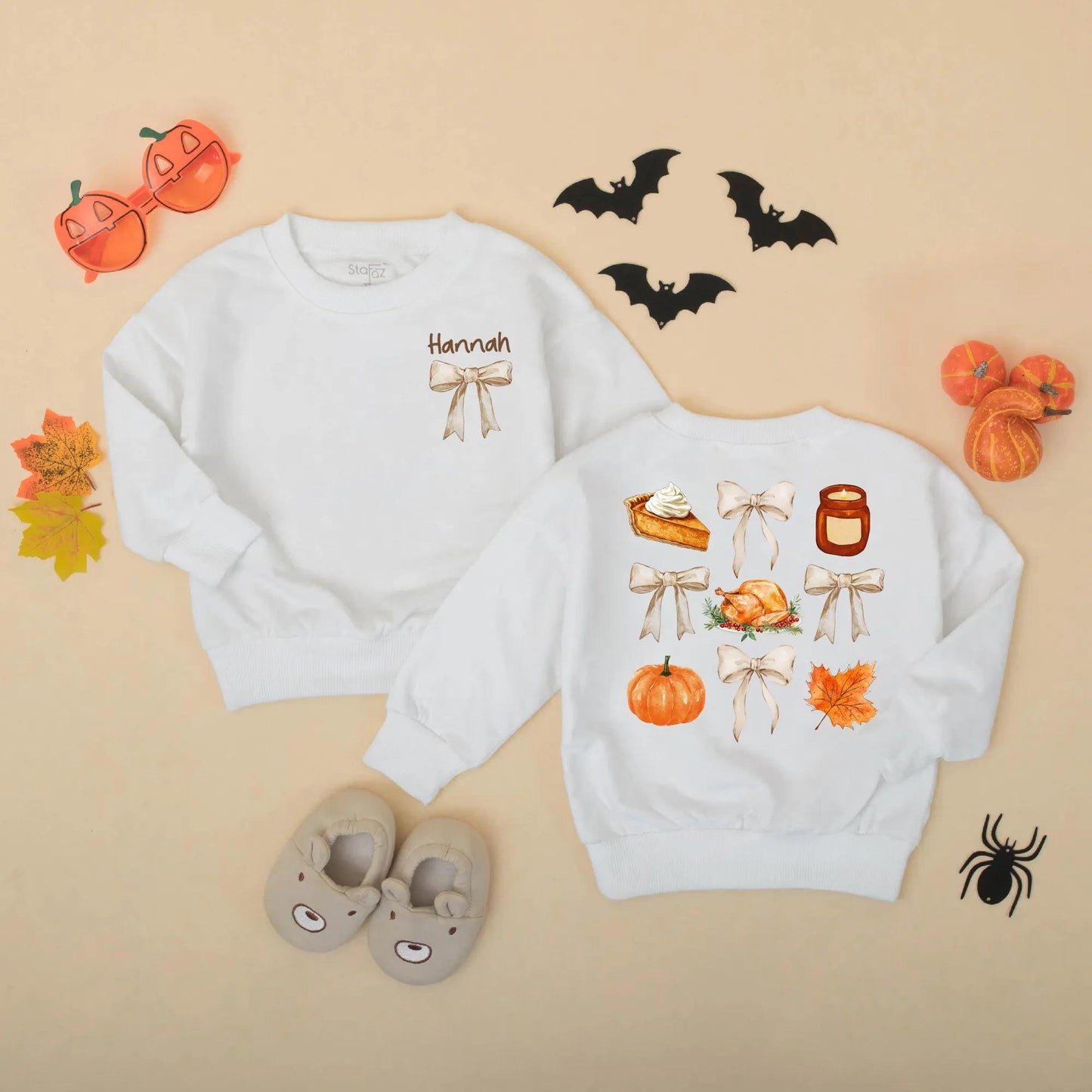 Personalized Thanksgiving Baby Romper with Bows, Custom Name Fall Outfit for Baby Girl, Retro Vintage Bodysuit, Autumn Gift