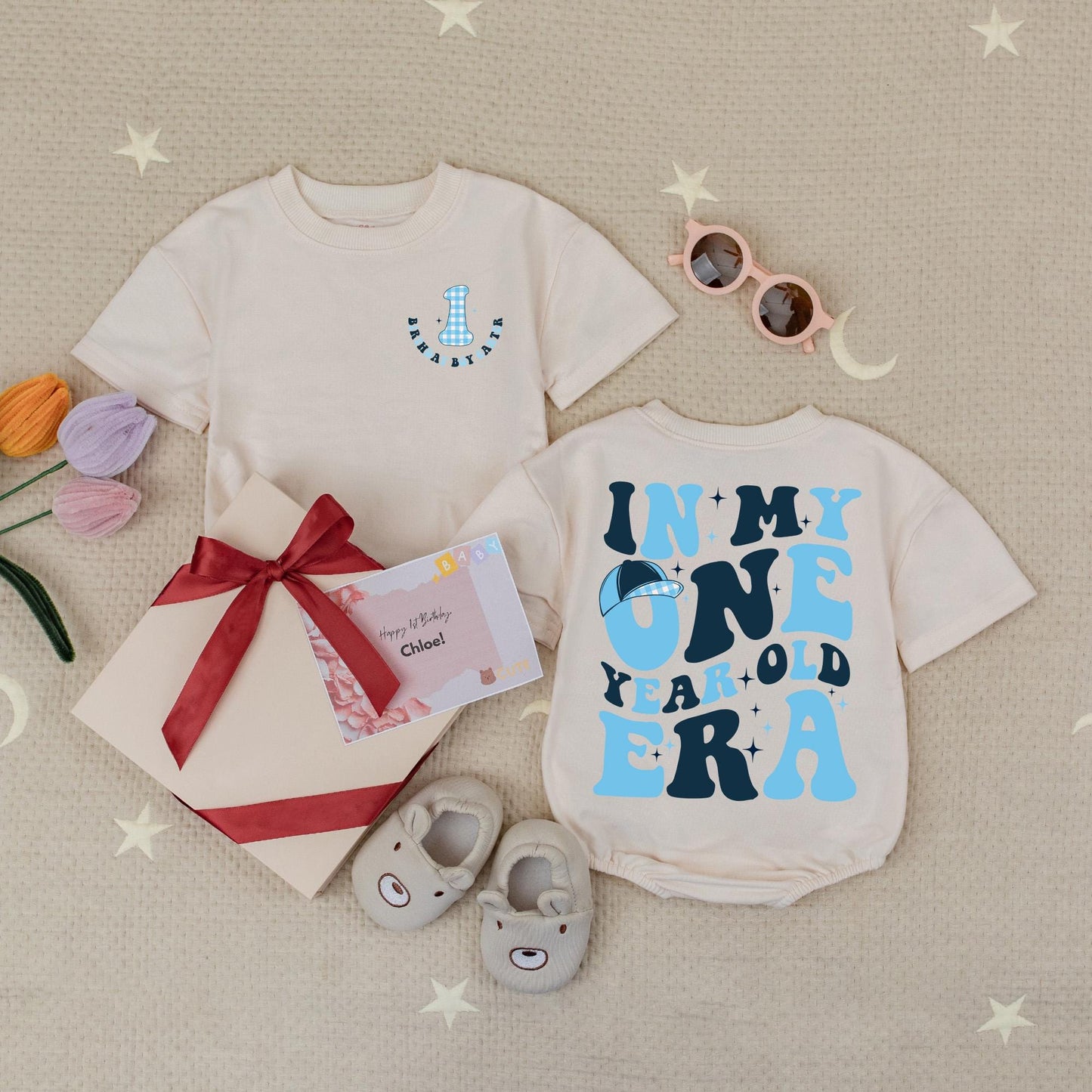 Custom Name One Year Old Era Birthday Boy Romper, Retro Baby 1st Birthday Outfit Blue Baseball Cap Stars, Personalized First Birthday Baby Boy Gift