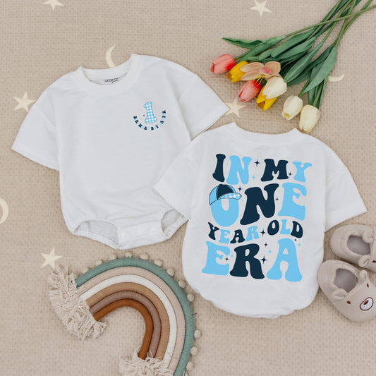 Custom Name One Year Old Era Birthday Boy Romper, Retro Baby 1st Birthday Outfit Blue Baseball Cap Stars, Personalized First Birthday Baby Boy Gift