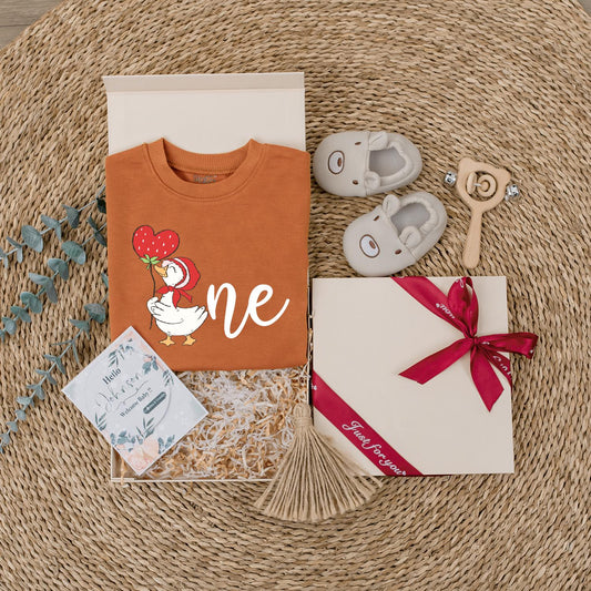 Cute Duck with Strawberry Balloon First Birthday Outfit Baby Girl Boy Red Bonnet 1st Birthday Clothes Toddler Bodysuit Cheerful