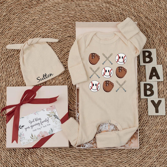 Retro Baseball Baby Bodysuit Cute Game Day Romper with Smiling Baseballs Crossed Bats Brown Gloves Playful Cartoon Design Toddler Infant Outfit