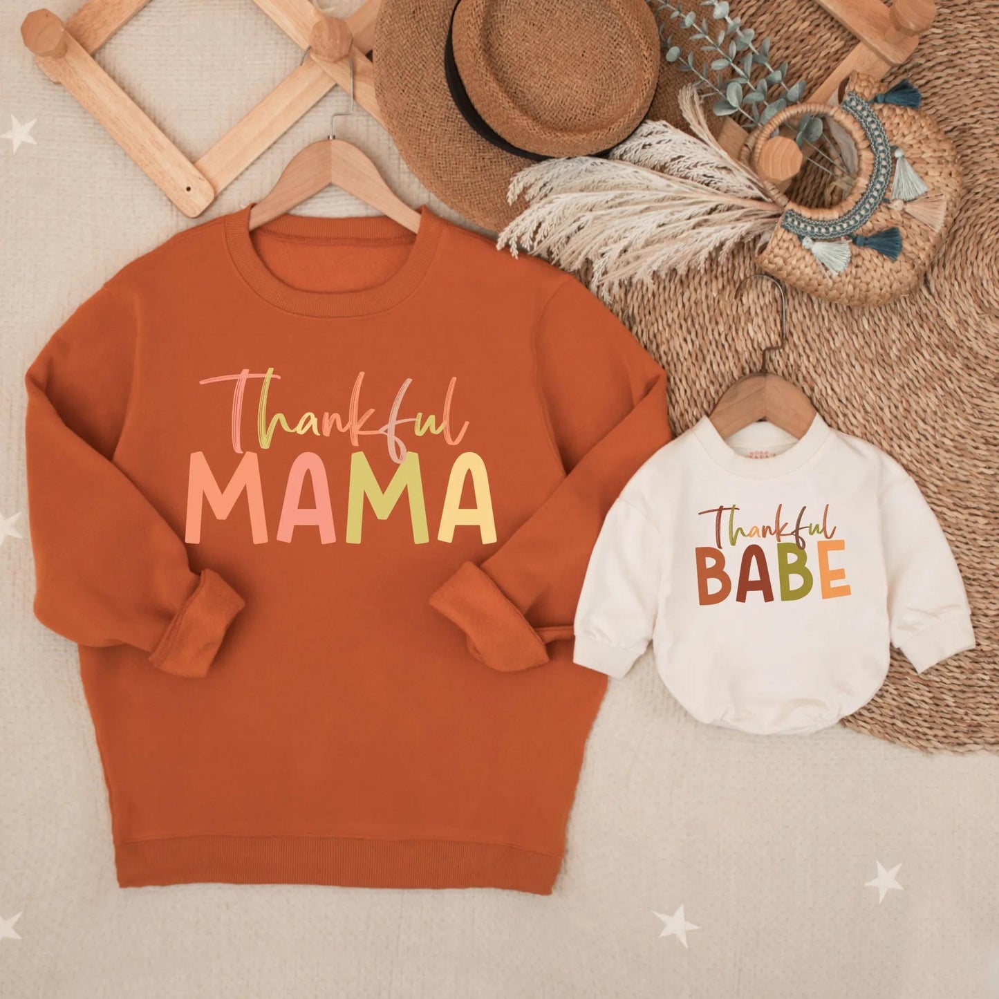 Thankful Mama Mini Babe Fall Sweatshirt Set, Thanksgiving Mommy and Me Outfit, Family Matching Sweaters, Orange Green Autumn Family Look 138 chr