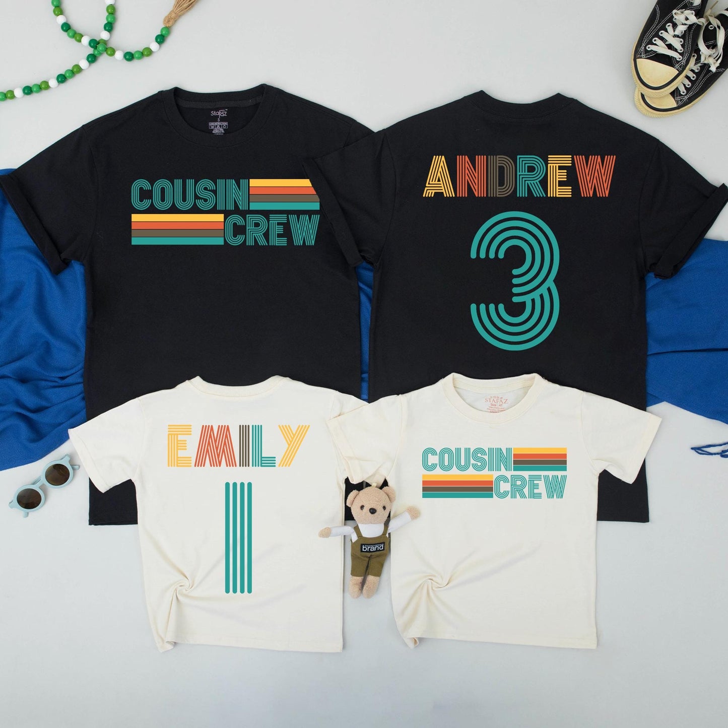 Matching Cousin Crew Shirts Retro 70s Style Custom Family Trip Tees for Kids, Personalized Andrew & Emily Cousin Club Cotton