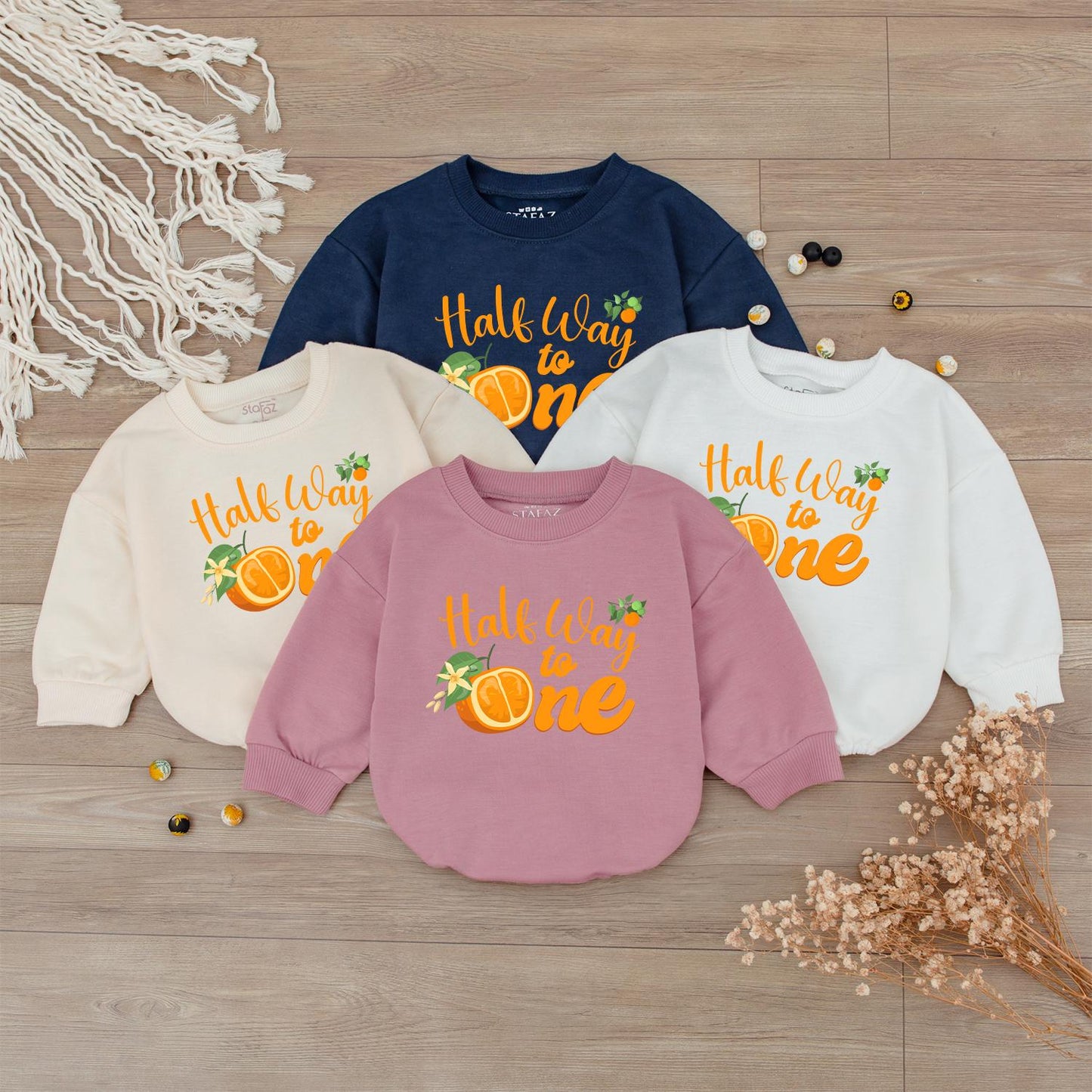 Halfway to One Baby Outfit - Orange Cursive 6 Month Birthday Romper with Cute Fruit Print for Baby Girl or Boy