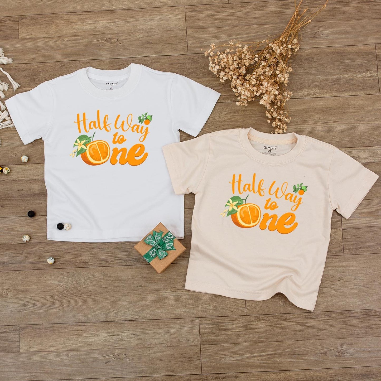 Halfway to One Baby Outfit - Orange Cursive 6 Month Birthday Romper with Cute Fruit Print for Baby Girl or Boy
