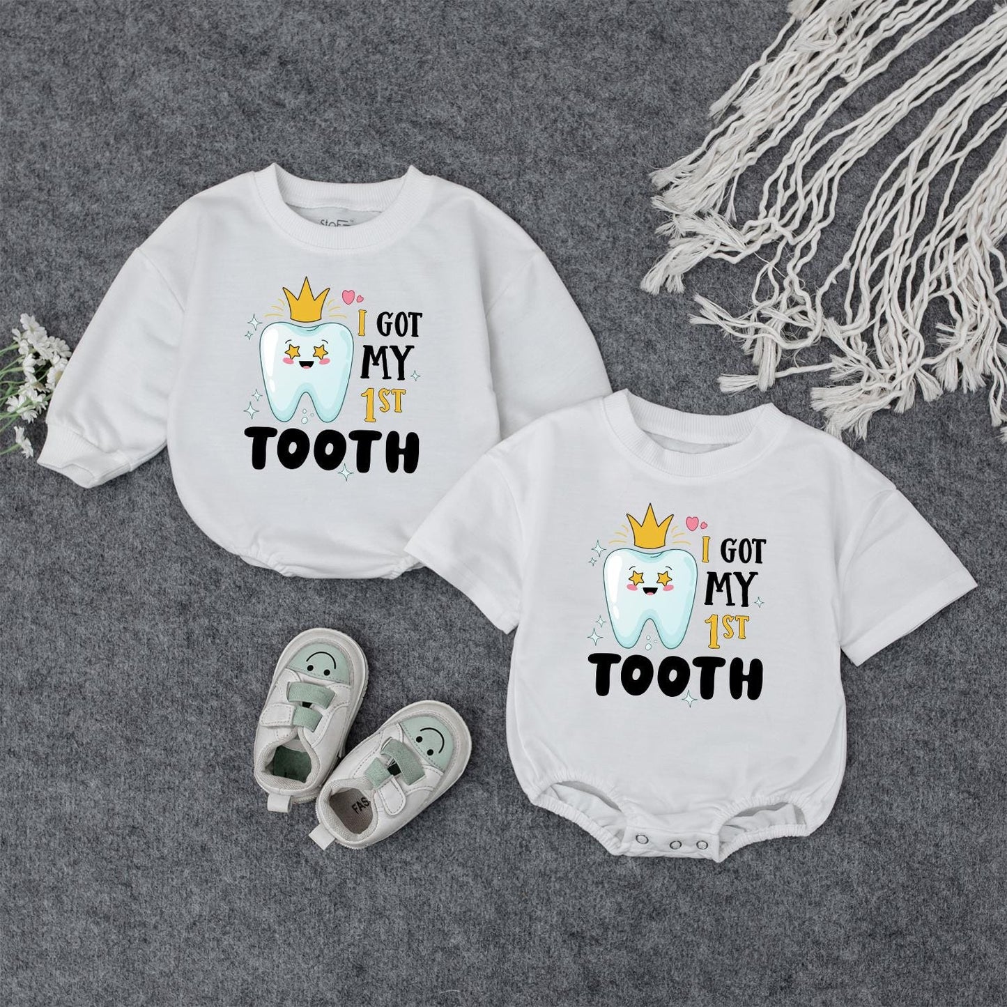 My First Tooth Outfit! Crowned Tooth Baby Bodysuit – I Got My 1st Tooth Celebration Romper, Cute Milestone Gift for Boy or Girl, Sparkling Star Design, Party Clothes (139 chars)