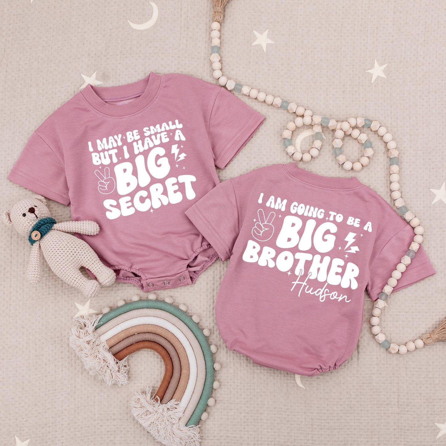Custom Hudson Big Brother Romper Baby Reveal Peace Sign Stars Lightning Blue Modern Playful I Have A Big Secret