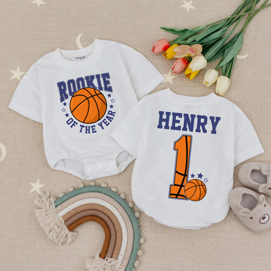 Rookie of the Year Basketball Romper Baby Boy Girl First Birthday Outfit Orange Navy Stars