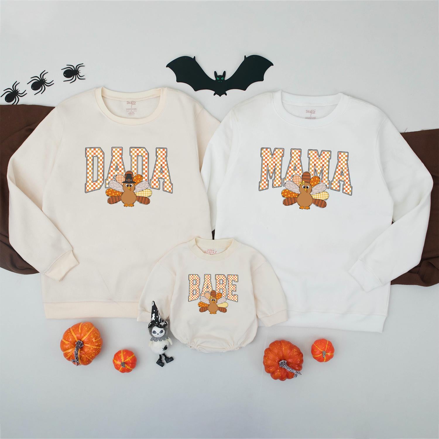 Thanksgiving Matching Family Sweatshirt Custom Turkey Name Orange Checkered Letters Fall Outfit Little Turkey Kids Shirt Autumn Vibes Personalized Gift (138 chars)