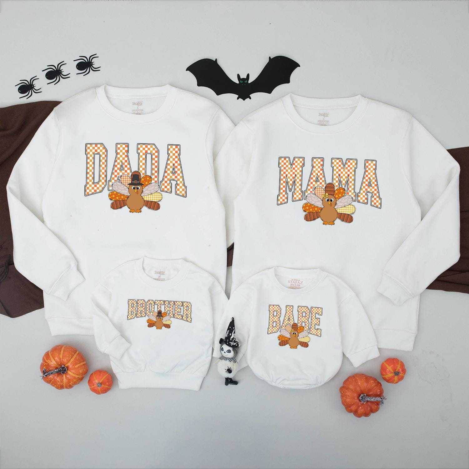 Thanksgiving Matching Family Sweatshirt Custom Turkey Name Orange Checkered Letters Fall Outfit Little Turkey Kids Shirt Autumn Vibes Personalized Gift (138 chars)