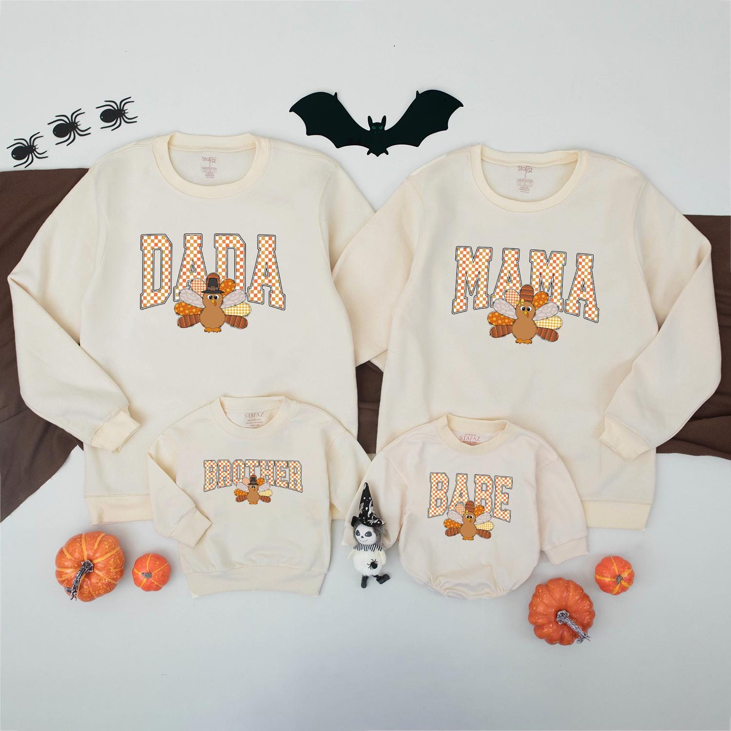 Thanksgiving Matching Family Sweatshirt Custom Turkey Name Orange Checkered Letters Fall Outfit Little Turkey Kids Shirt Autumn Vibes Personalized Gift (138 chars)